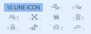 Otomobil seti simgesi. Araba uyarısı, otopark, servis, elektrikli araç, araba yıkama, araba yıkama, araba değiştirme, araç hizmetleri, otomobil paylaşımı.