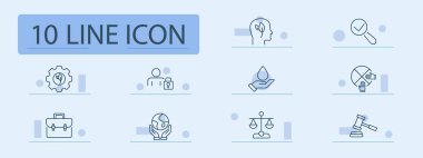 İş ve ahlak simgesi oluşturdu. Baş yapraklı, büyüteç işaretli, dişli, güvenli kullanıcı, su damlası, pasta grafiği, çanta, el küresi, pullar, tokmak