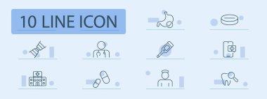 Tıbbi set simgesi. DNA, doktor, termometre, hap, hastane, hemşire, mobil sağlık, diş muayenesi, sağlık hizmetleri, ilaç