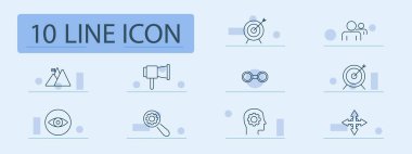 İş stratejisi simgesi belirlendi. Ok, takım çalışması, bayraklı dağ, megafon, teçhizatlı büyüteç, dişli kafa, görüş, hedef başarısı, oklar, liderlik.