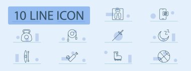 Spor ve spor belirleme simgesi. Kettlebell, ip atlama, kılıç, terazi, fitness takip cihazı, uyku, şınav, paten, basketbol, spor ekipmanları.