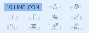 Sanayi ve inşaat ikonu. Turna kancası, çivi, dişli mekanizması, kontrol paneli, bobin, çelik kiriş, maden arabası, makine aletleri, otomasyon, fabrika üretimi