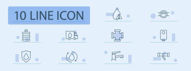 Su ve tesisat seti ikonu. Su damlası, kamyon, filtre, boru, musluk, uyarı sembolü, geri dönüşüm suyu, ısıtıcı, sızıntı, boru hattı