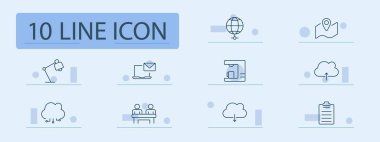 Ofis ve iş araçları simge ayarlandı. Dünya, harita konumu, masa lambası, e-posta, yazıcı, bulut yüklemesi, toplantı, bulut indirme, pano, teknoloji