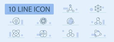 Bilim ve molekül kümesi simgesi. Atom, molekül yapısı, hücre bölünmesi, atomik yörünge, bilimsel model, altıgenler, kimyasal bağlar, moleküler diyagram, atomlar, araştırma