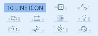 Finansal set simgesi. Kasa, büyüteç, cüzdan, saat, takvim, bozuk para, evrak çantası, ampul, vites, kontrol, finans, iş, yatırım, zaman yönetimi, planlama, yenilik