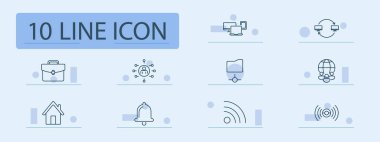 Ağ seti simgesi. Masaüstü paylaşımı, dosya eşzamanlaması, evrak çantası, küresel iletişim, ev, bildirim zili, sinyal, kablosuz bağlantı, kullanıcı ağı, çevrimiçi işbirliği, veri paylaşımı