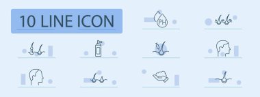 Saç bakım seti ikonu. Makas, saç kökü, şampuan şişesi, kökler, tarak, kafa derisi, saç kremi, büyüme, kayıp tedavisi, sağlıklı saç yapısı, kişisel bakım.