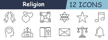 Din belirlenmiş bir ikon. Dua eden eller, kalp, birlik, David 'in yıldızı, göz, müzik notası, kafası kalp, kilise, İncil, aşk mektubu, adalet terazisi, çan, maneviyat, inanç ve din sembolleri
