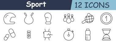 Spor seti simgesi. Miğfer, ip atlama, boks eldiveni, lobutlar, tenis raketi, madalya, haplar, enerji içeceği, kalp atışı, kronometre, su şişesi, kum saati.