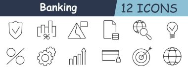 Bankacılık seti simgesi. İşaretli kalkan, bar şeması, bayrak, belge, küresel arama, ampul, yüzde, dişli, büyüme şeması, kredi kartı, hedef, dünya.