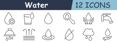 Su seti simgesi. Teçhizatlı su damlası, cam, tek damla, büyüteç, eller, musluk, duş başlığı, bisiklet okları, plaka, karalanmış damla, yağmurlu bulut
