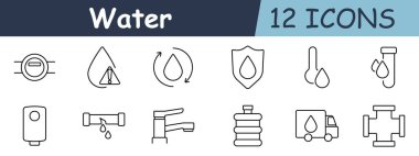 Su seti simgesi. Su sayacı, uyarıyla, geri dönüşümle, kalkanla damla, termometre, damlayan boru, kazan, sızıntı borusu, musluk, şişe, kamyon, su borusu montajı