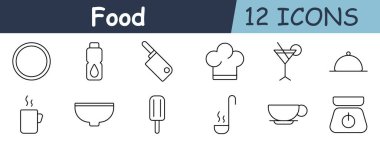 Yemek takımı ikonu. Boş tabak, su şişesi, satır, aşçı şapkası, kokteyl bardağı, saat, bardak, kase, buzlu şeker, kepçe, çay fincanı, mutfak terazisi..