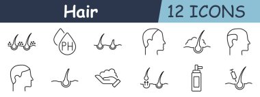Saç seti ikonu. Saç kökleri, kafa derisi, pH dengesi, saç tedavisi, şampuan, bakım, saç restorasyonu, kafa derisi enjeksiyonu, yıkama. Sağlık, kafa bakımı ve tedaviler..