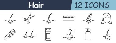 Saç seti ikonu. Saç kökleri, kafa derisi, pH dengesi, saç tedavisi, şampuan, bakım, saç restorasyonu, kafa derisi enjeksiyonu, yıkama. Sağlık, kafa bakımı ve tedaviler..