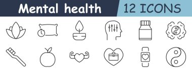 Ruh sağlığı seti ikonu. Nilüfer çiçeği, yastık, yağ ayırıcı, baş, hap şişesi, denge, diş fırçası, meyve, kas, sağlık, sağlık, sağlık