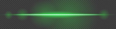 Koyu şeffaf bir zemin üzerinde yatay olarak parlayan yeşil lazer ışını gelecekten gelen ve yüksek teknolojili görsel efektler yaratıyor. Neon ışıkları, lazer ışınları. Şeffaf bir arkaplanda.