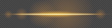 Koyu şeffaf bir arkaplan boyunca yatay olarak parlayan altın turuncu lazer ışını, fütüristik ve yüksek teknolojili görsel efekt yaratır. Neon ışıkları, lazer ışınları. Şeffaf bir arkaplanda.