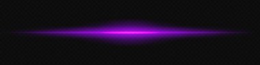 Koyu şeffaf bir arkaplan boyunca yatay olarak parlayan mor lazer ışını gelecekteki ve yüksek teknolojili görsel efekt yaratıyor. Neon ışıkları, lazer ışınları. Şeffaf bir arkaplanda.