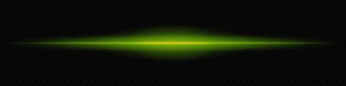 Koyu şeffaf bir zemin üzerinde yatay olarak parlayan yeşil lazer ışını gelecekten gelen ve yüksek teknolojili görsel efektler yaratıyor. Neon ışıkları, lazer ışınları. Şeffaf bir arkaplanda.