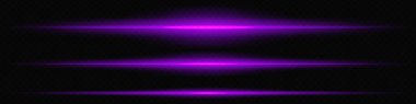 Koyu şeffaf bir arkaplan boyunca yatay olarak parlayan mor lazer ışını gelecekteki ve yüksek teknolojili görsel efekt yaratıyor. Neon ışıkları, lazer ışınları. Şeffaf bir arkaplanda.