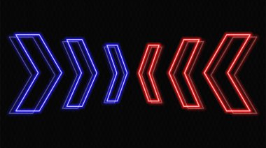 Şeffaf bir arkaplanda mavi ve kırmızı renkli parlayan neon oklar zıt yönleri işaret ediyor. Modern, minimalist görünümlü, teknoloji ve hareket kavramları için ideal fütüristik, soyut tasarım.