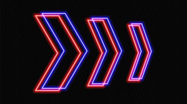 Şeffaf bir arkaplanda mavi ve kırmızı renkli parlayan neon oklar zıt yönleri işaret ediyor. Modern, minimalist görünümlü, teknoloji ve hareket kavramları için ideal fütüristik, soyut tasarım.