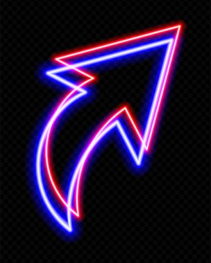 Neon kırmızı ve mavi eğimli ok, şeffaf bir arkaplanı işaret ediyor. Parlak, geleceksel tasarım, teknoloji, navigasyon ve dijital yön kavramları için ideal.