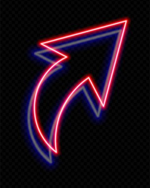Neon kırmızı ve mavi eğimli ok, şeffaf bir arkaplanı işaret ediyor. Parlak, geleceksel tasarım, teknoloji, navigasyon ve dijital yön kavramları için ideal.