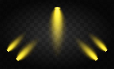 Şeffaf bir arkaplanda üç sarı spot ışığı var. Sahne, tiyatro veya görsel ortamda ışıklandırma tasarımı kavramları için mükemmel parlayan sıcak ışıklar.