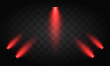 Şeffaf bir arkaplanda üç tane kırmızı spot ışığı var. Sahne, tiyatro veya görsel ortamda ışıklandırma tasarımı kavramları için mükemmel parlayan sıcak ışıklar.