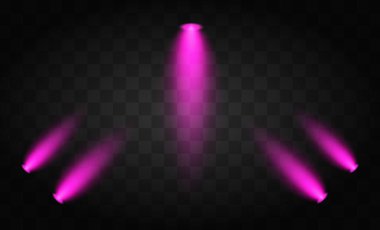 Şeffaf arkaplanda üç tane mor spot ışığı var. Sahne, tiyatro veya görsel ortamda ışıklandırma tasarımı kavramları için mükemmel parlayan sıcak ışıklar.