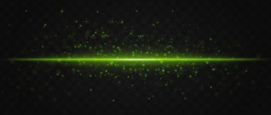 Parlak yeşil lazer ışını, karanlık şeffaf arkaplan boyunca parlak parçacıklar ile yatay olarak, fütürist ve yüksek teknolojili görsel efekt yaratır. Neon ışıkları, lazer ışık çizgileri