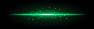 Yatay yeşil lazer ışını, saydam bir arka planda izole edilmiş dağınık parlak parçacıklar. Parlak enerji etkisi, bilim kurgu, fütüristik temalar veya dijital grafik tasarımı için idealdir..