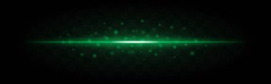 Yatay yeşil lazer ışını, saydam bir arka planda izole edilmiş dağınık parlak parçacıklar. Parlak enerji etkisi, bilim kurgu, fütüristik temalar veya dijital grafik tasarımı için idealdir..