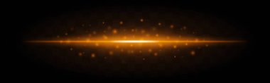 Yatay altın lazer ışını, şeffaf bir arkaplanda yalıtılmış, parlayan parçacıklar. Parlak enerji etkisi, bilim kurgu, fütüristik temalar veya dijital grafik tasarımı için idealdir..