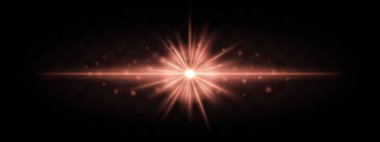 Yıldız patlaması etkisine sahip yatay kırmızı lazer ışını ve şeffaf bir arkaplanda parlayan parçacıklar. Bilim kurgu, fütürist veya teknoloji temalı tasarımlar için idealdir..