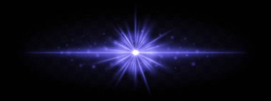 Yıldız patlaması etkisine sahip yatay mavi lazer ışını ve şeffaf bir arkaplanda parlayan parçacıklar. Bilim kurgu, fütürist veya teknoloji temalı tasarımlar için idealdir..