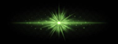 Yatay yeşil lazer ışını, yıldız patlaması etkisi yaratıyor ve şeffaf arkaplana parlayan parçacıklar saçıyor. Bilim kurgu, fütürist veya teknoloji temalı tasarımlar için idealdir..