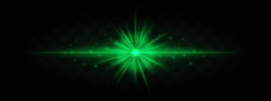 Yatay yeşil lazer ışını, yıldız patlaması etkisi yaratıyor ve şeffaf arkaplana parlayan parçacıklar saçıyor. Bilim kurgu, fütürist veya teknoloji temalı tasarımlar için idealdir..