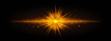 Yıldız patlaması etkisine sahip yatay altın lazer ışını ve şeffaf bir arkaplanda parlayan parçacıklar. Bilim kurgu, fütürist veya teknoloji temalı tasarımlar için idealdir..