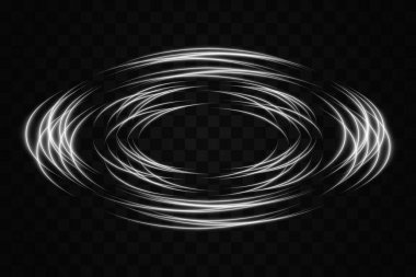 Soyut beyaz neon ışık halkaları şeffaf bir arkaplanda dairesel, üst üste binen desenler halinde düzenlenmiştir. Fütüristik, teknolojik veya bilim kurgu temalı tasarımlar için ideal.