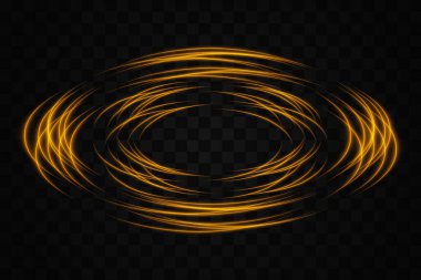 Soyut altın neon ışık halkaları, şeffaf bir arkaplanda dairesel, üst üste binen desenler halinde düzenlenmiştir. Fütüristik, teknolojik veya bilim kurgu temalı tasarımlar için ideal.