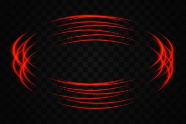 Soyut kırmızı neon ışık halkaları şeffaf bir arkaplanda dairesel, üst üste binen desenler halinde düzenlenmiştir. Fütüristik, teknolojik veya bilim kurgu temalı tasarımlar için ideal.