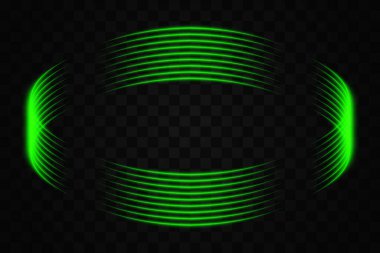 Çembersel, şeffaf arkaplanda simetrik desenli, soyut yeşil ışık halkaları. Teknoloji, bilim kurgu ya da gelecek tasarım projeleri için uygundur..