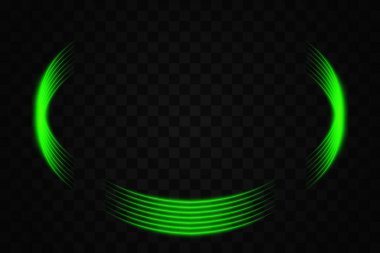 Yeşil kavisli neon ışıklı elementler şeffaf bir arkaplanda kısmi bir daire oluşturuyorlar. Fütürist ve teknoloji temalı tasarımlar için ideal.