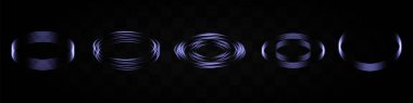 Şeffaf bir arkaplanda çeşitli desenler oluşturan mavi neon ışık halkaları kümesi. Teknoloji, bilim kurgu veya dijital tasarım elementleri için ideal.