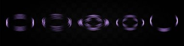 Şeffaf arkaplanda çeşitli desenler oluşturan mor neon ışık halkaları kümesi. Teknoloji, bilim kurgu veya dijital tasarım elementleri için ideal.