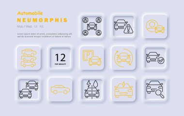 Otomobil seti simgesi. Otomobil grubu, topluluk, uyarı, park yeri, rotasyon, elektrik, hibrit, teftiş, bakım, araç, araba paylaşımı, enerji.